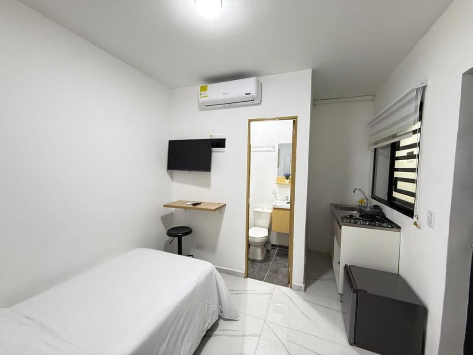 Bed, kitchen, air conditioner