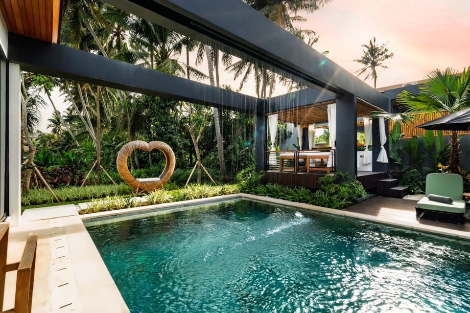 Natural landscape, Garden, Garden view, Pool view, Swimming pool, sunbed