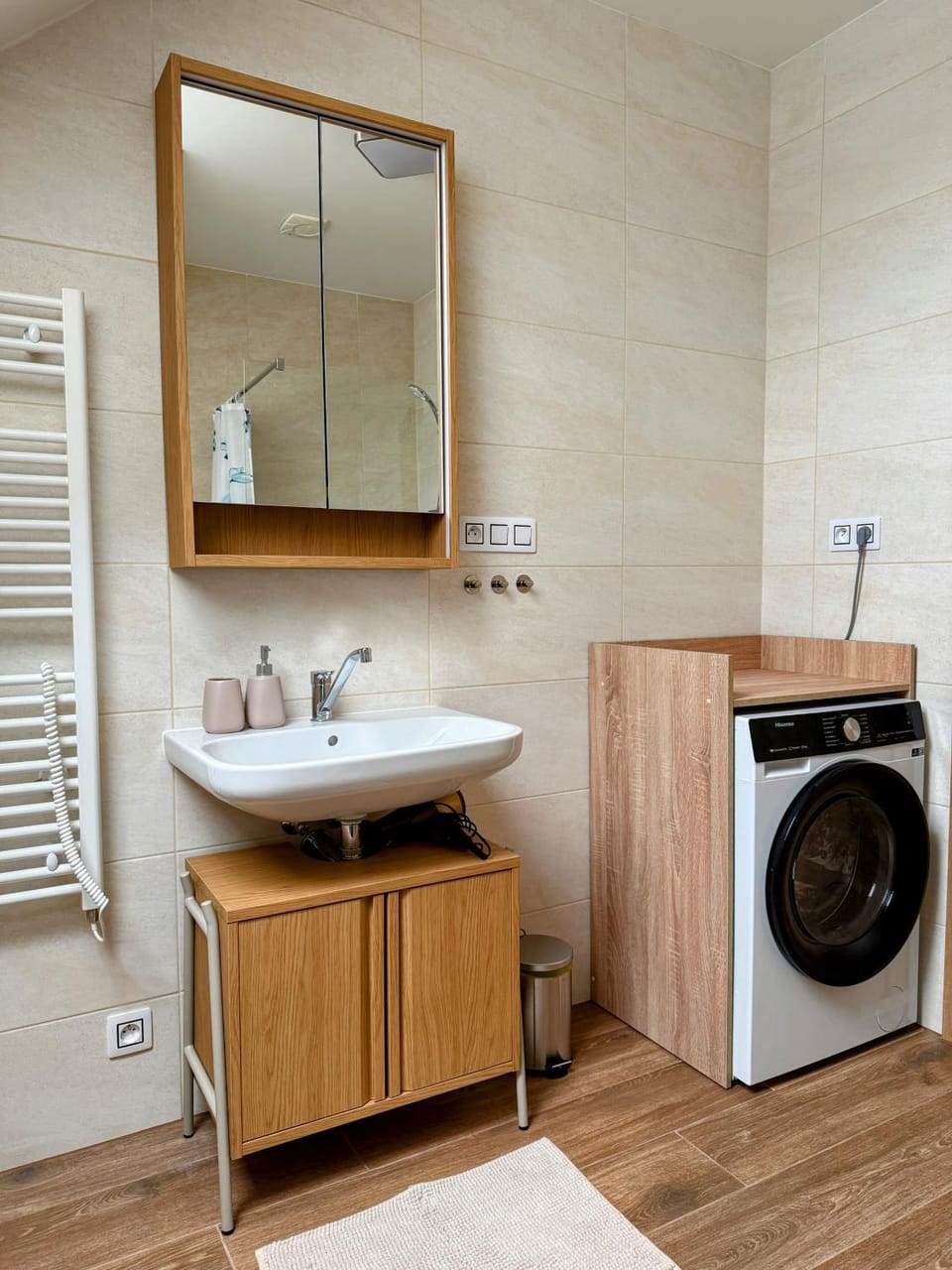Bathroom, towels, washing machine, dryer