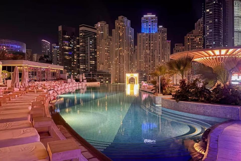 Night, City view, Pool view, Swimming pool