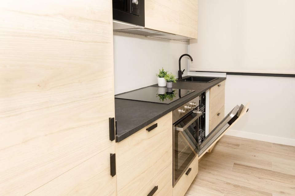 Kitchen or kitchenette, stove