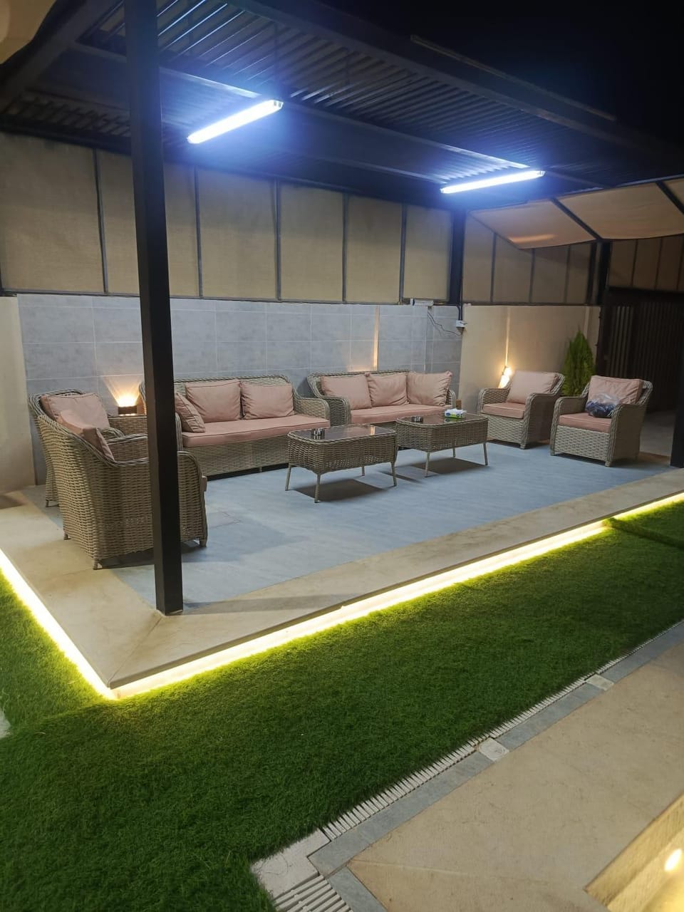 Patio, Night, Seating area, Pool view