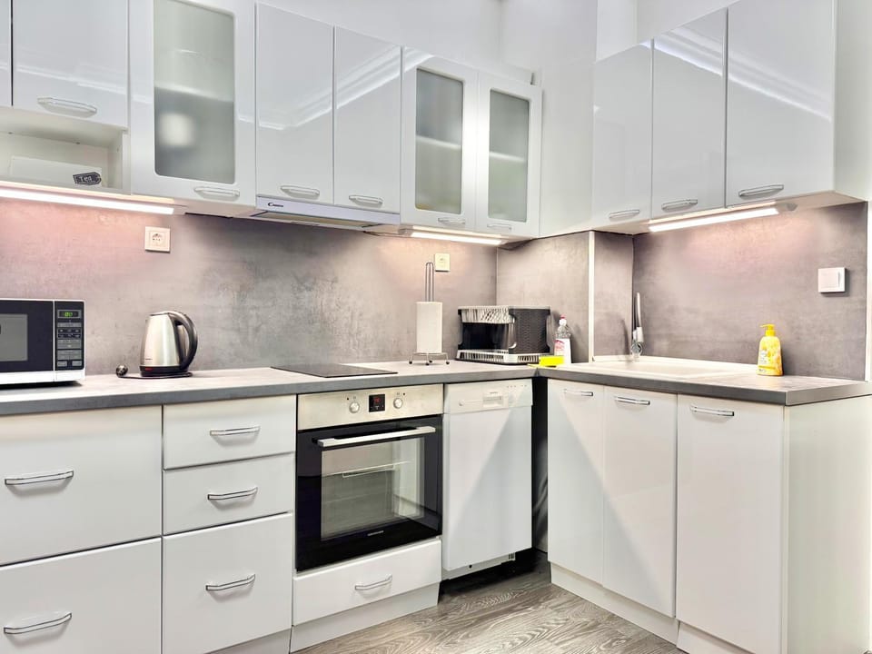 Kitchen or kitchenette, dishwasher, oven, stove