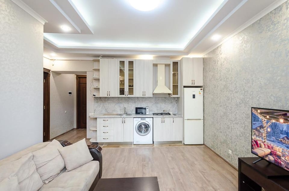 Kitchen or kitchenette, Living room, oven, stove, washing machine