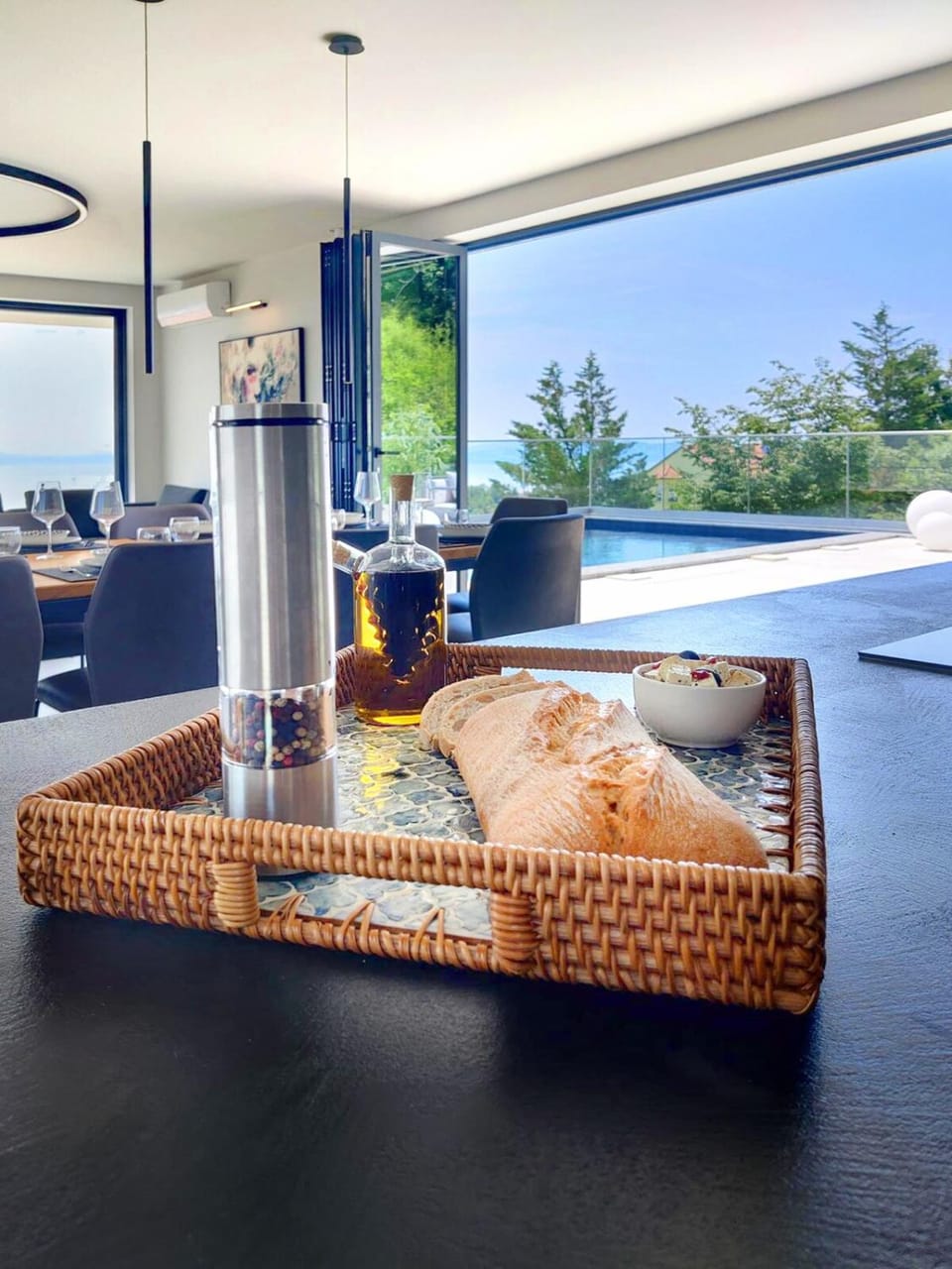 Balcony/Terrace, Living room, Dining area, Food, Pool view, Swimming pool