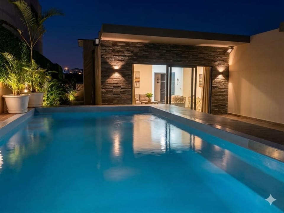 Night, Pool view, Swimming pool