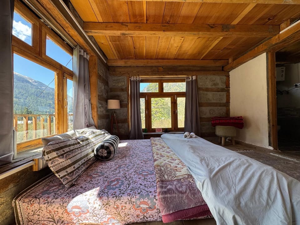 Bed, Natural landscape, Bedroom, Mountain view
