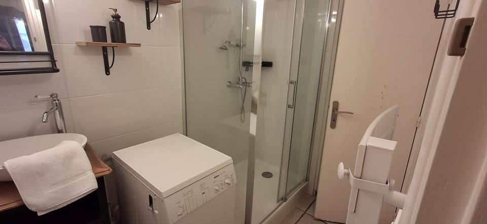 Shower, Toilet, hair dryier, towels, washing machine