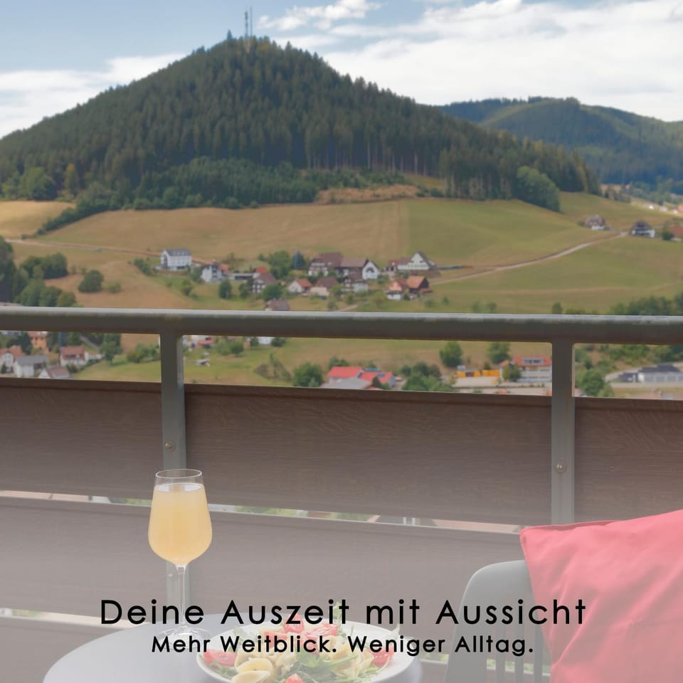 Day, View (from property/room), Balcony/Terrace, Text overlay, Garden view, Mountain view
