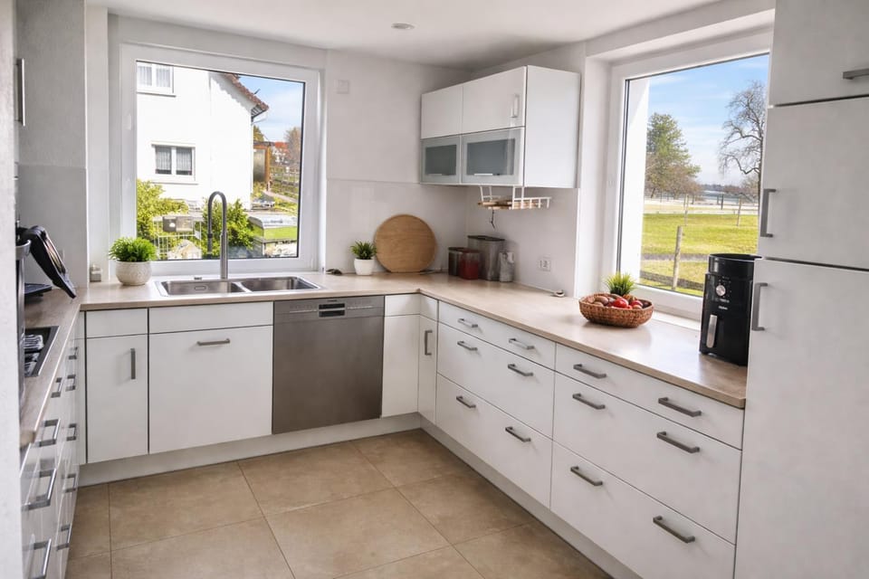 Kitchen or kitchenette, dishwasher, oven, stove