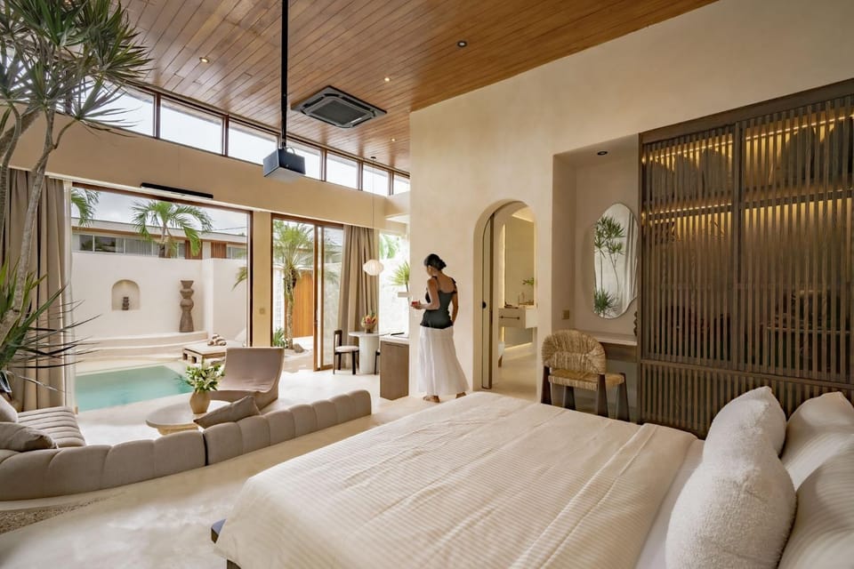 Bed, People, Living room, Seating area, Bedroom, Pool view, Swimming pool