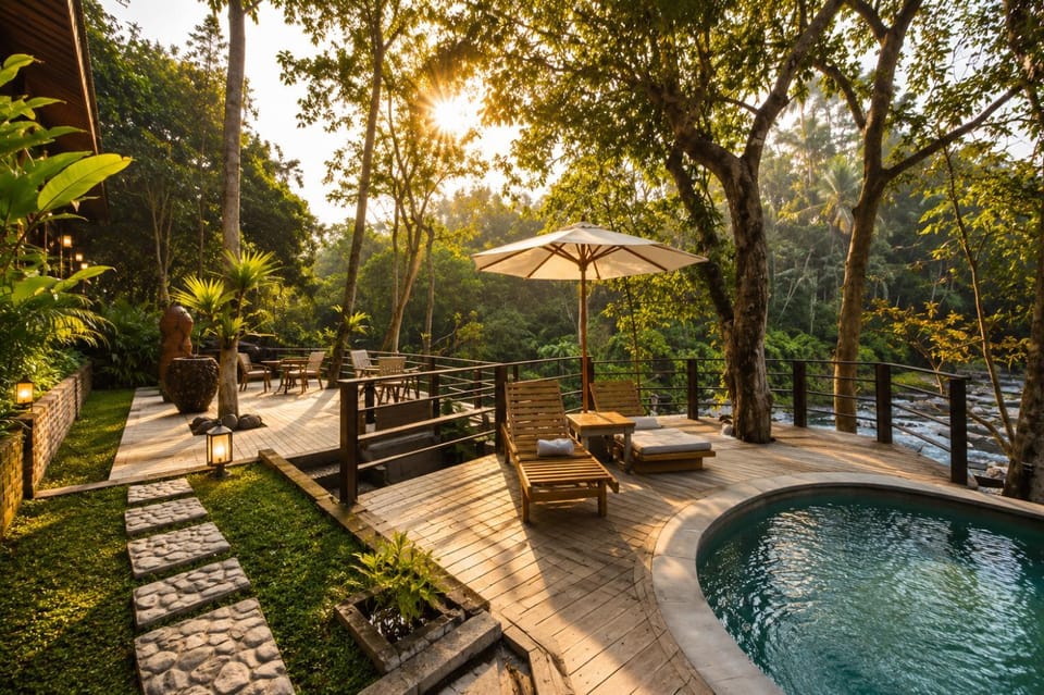 Spring, Day, Natural landscape, Garden, Balcony/Terrace, Garden view, Pool view, Swimming pool, sunbed