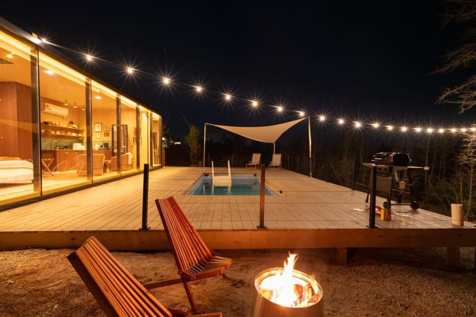 Patio, Night, Natural landscape, Pool view, Swimming pool, sunbed