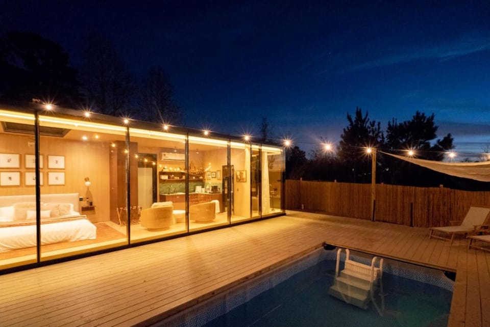 Patio, Night, Natural landscape, Pool view, Swimming pool, sunbed