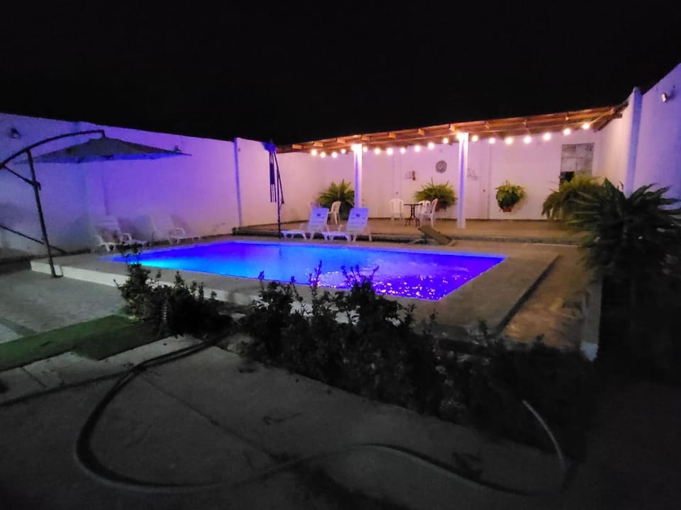 Night, Pool view, Swimming pool, sunbed