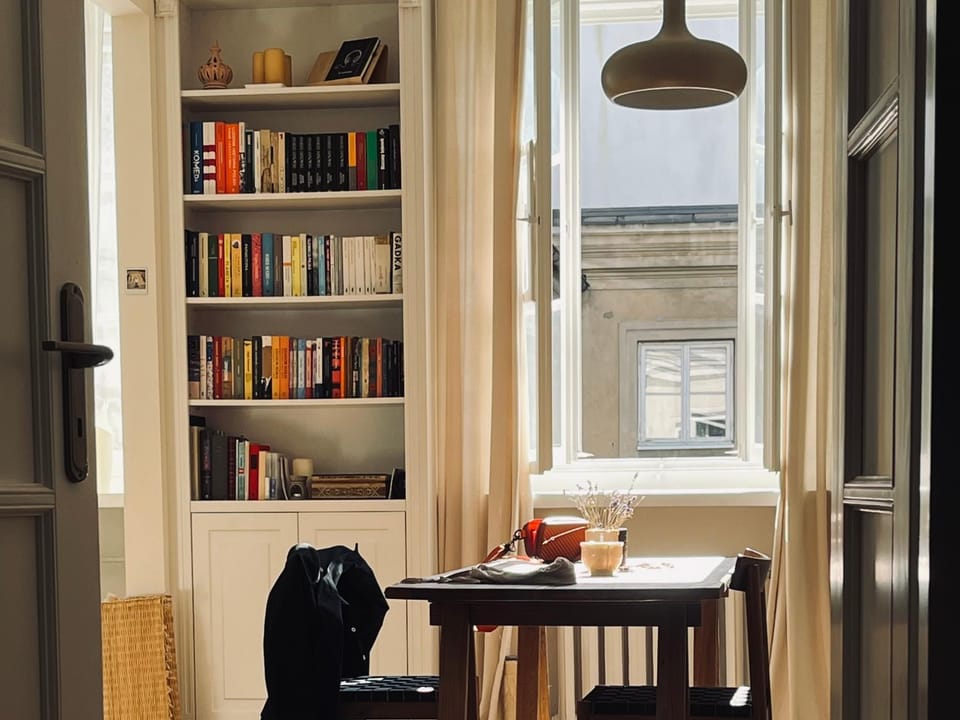 Library, Living room, Seating area, Dining area