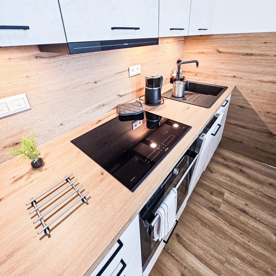 Kitchen or kitchenette, stove