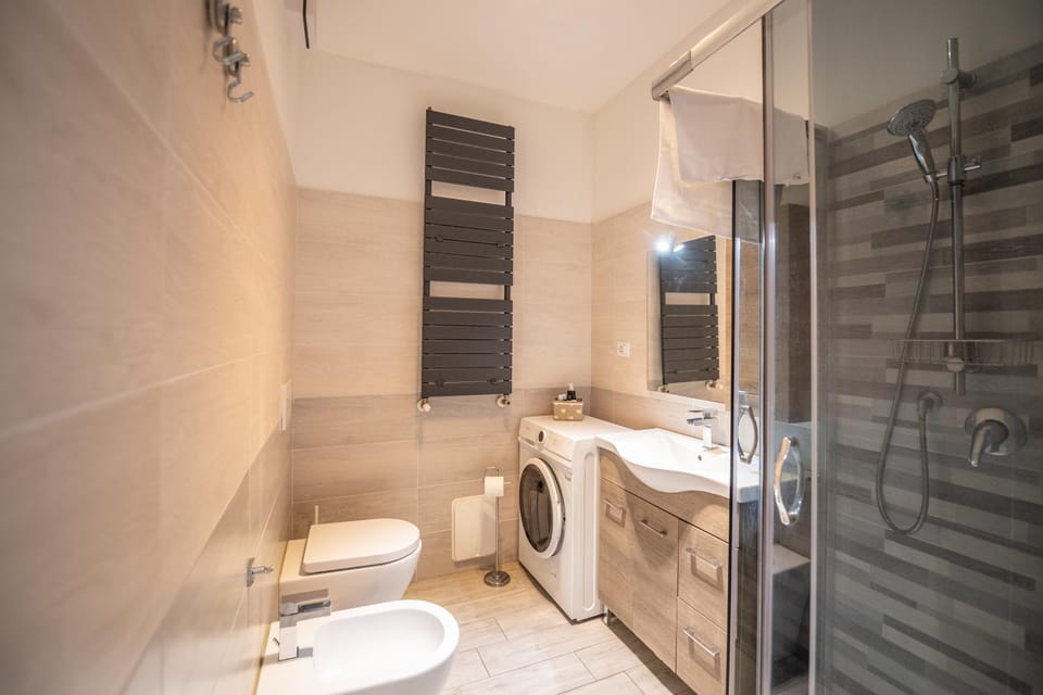 Shower, Toilet, Bathroom, bidet, towels, washing machine