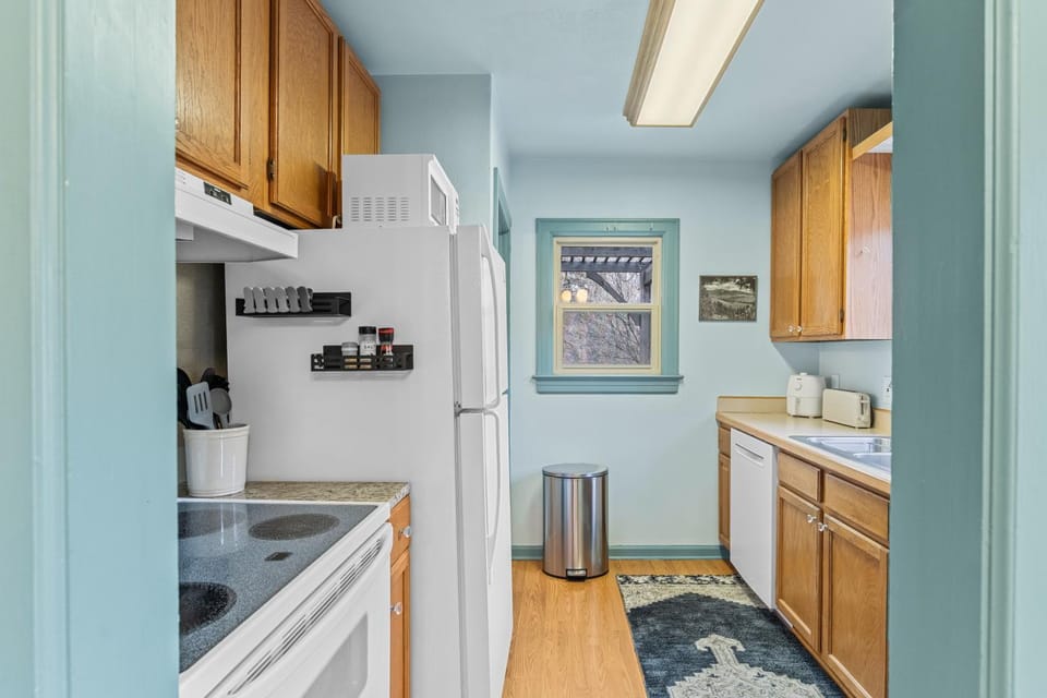 Kitchen or kitchenette, dishwasher, oven, stove