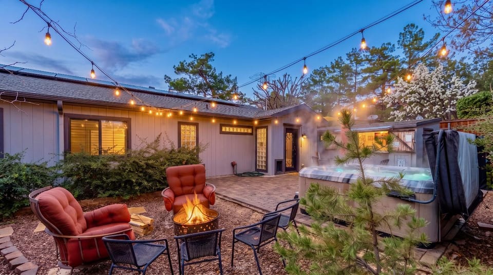 Patio, Night, Hot Tub, Seating area, fireplace