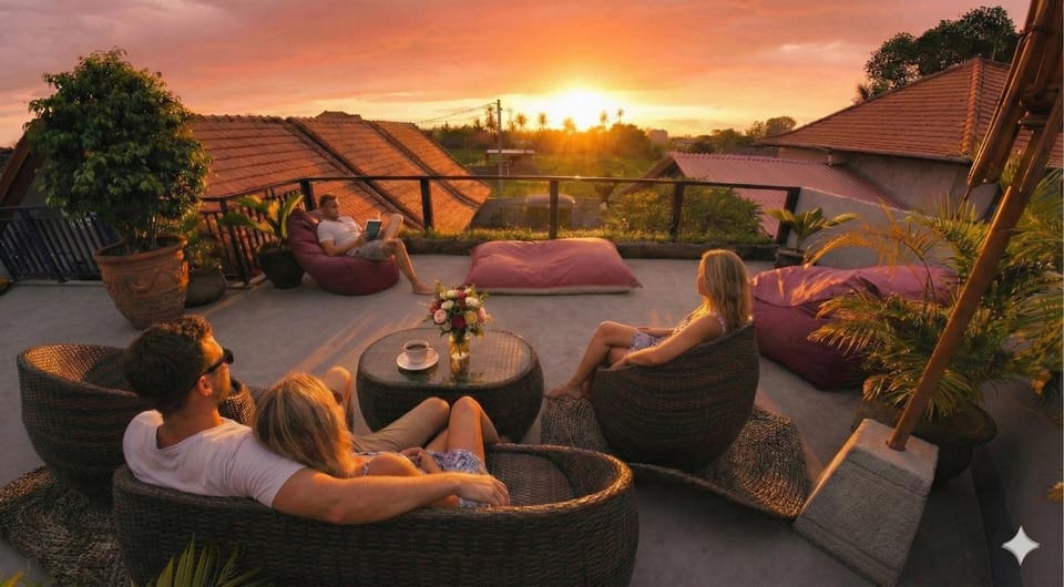 Natural landscape, View (from property/room), Balcony/Terrace, Seating area, Sunset, group of guests