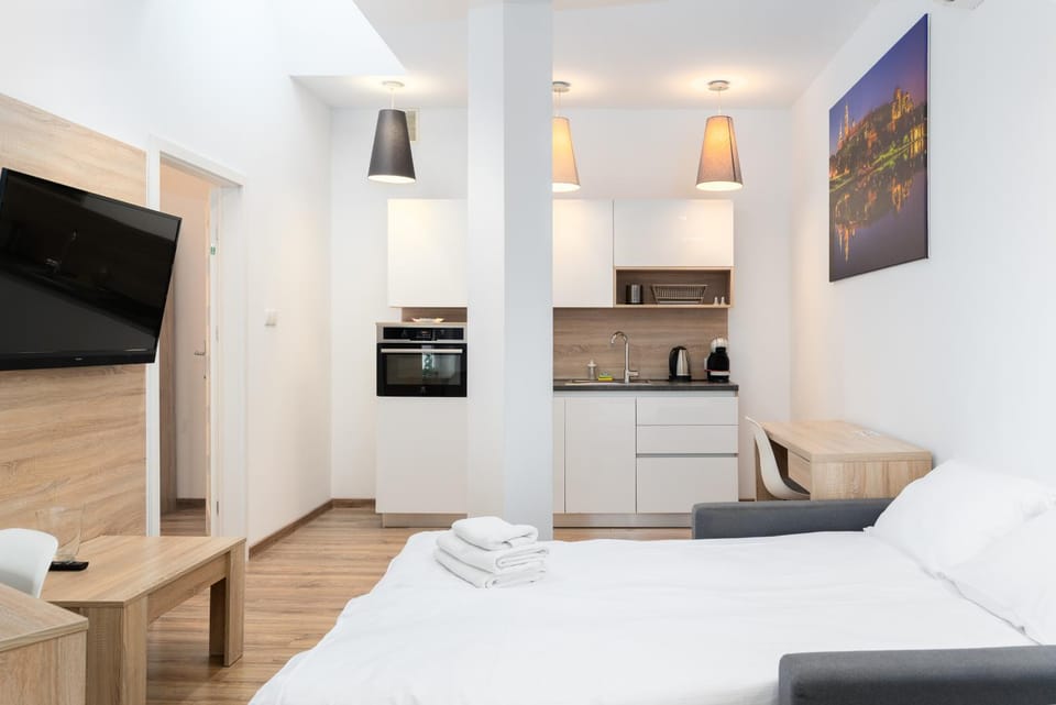 Bed, TV and multimedia, Kitchen or kitchenette, Living room, Photo of the whole room, Seating area, Bedroom, oven, stove, towels