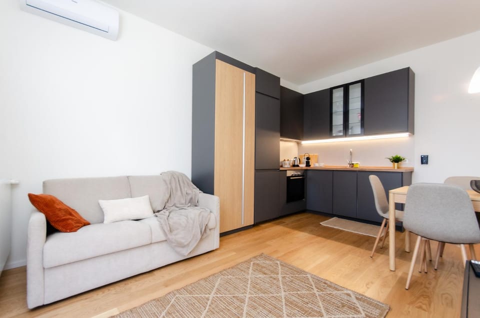 Kitchen or kitchenette, Living room, Seating area, Dining area, oven, stove, air conditioner