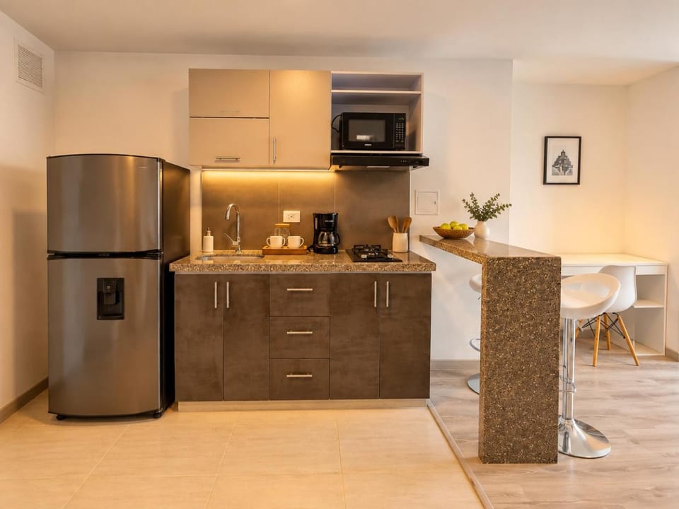 Coffee/tea facilities, Kitchen or kitchenette, minibar, oven, stove