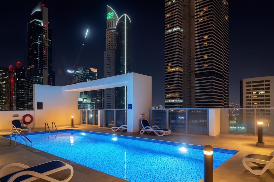 Night, City view, Pool view, Swimming pool, sunbed