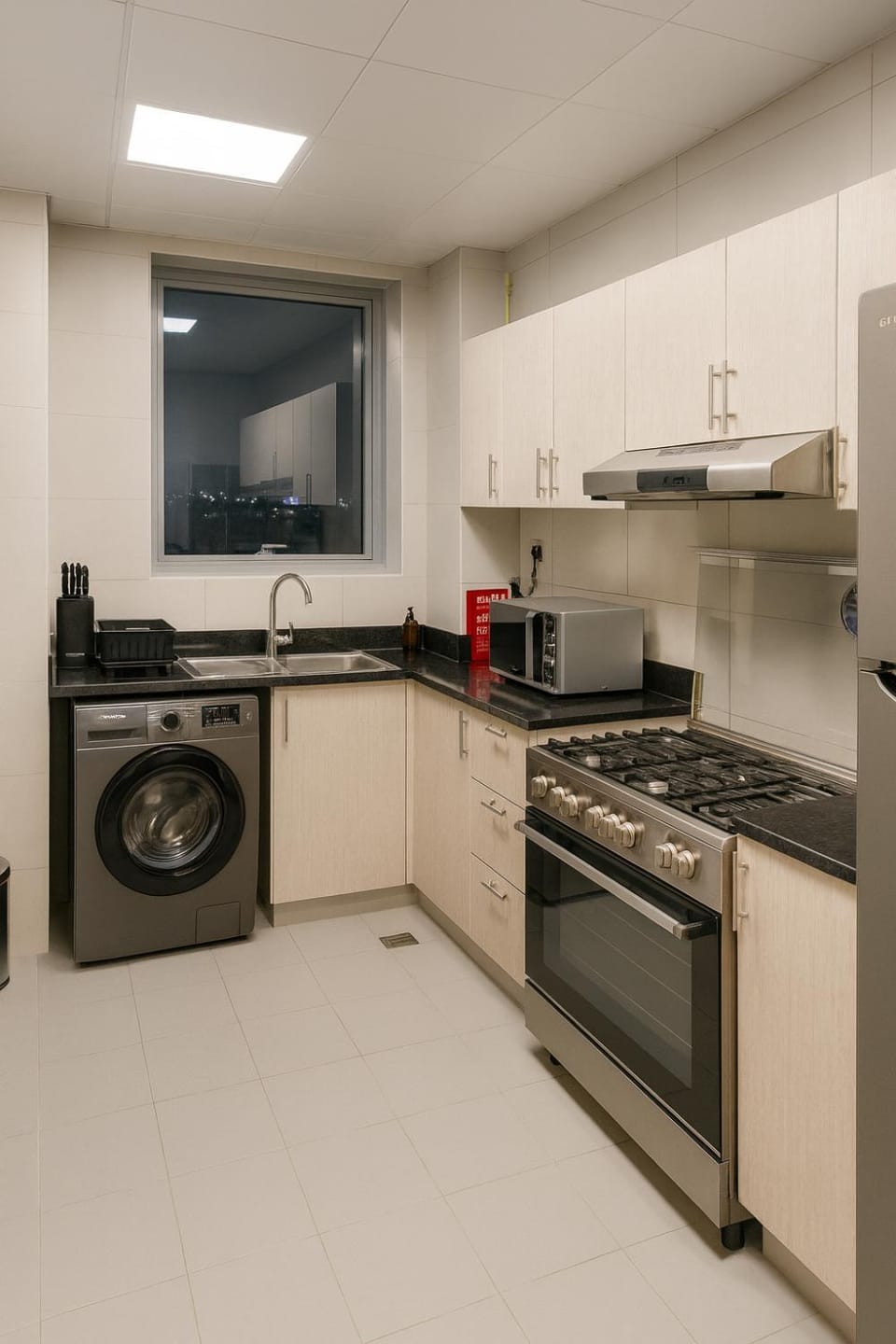 Kitchen or kitchenette, stove, toaster, washing machine, dryer