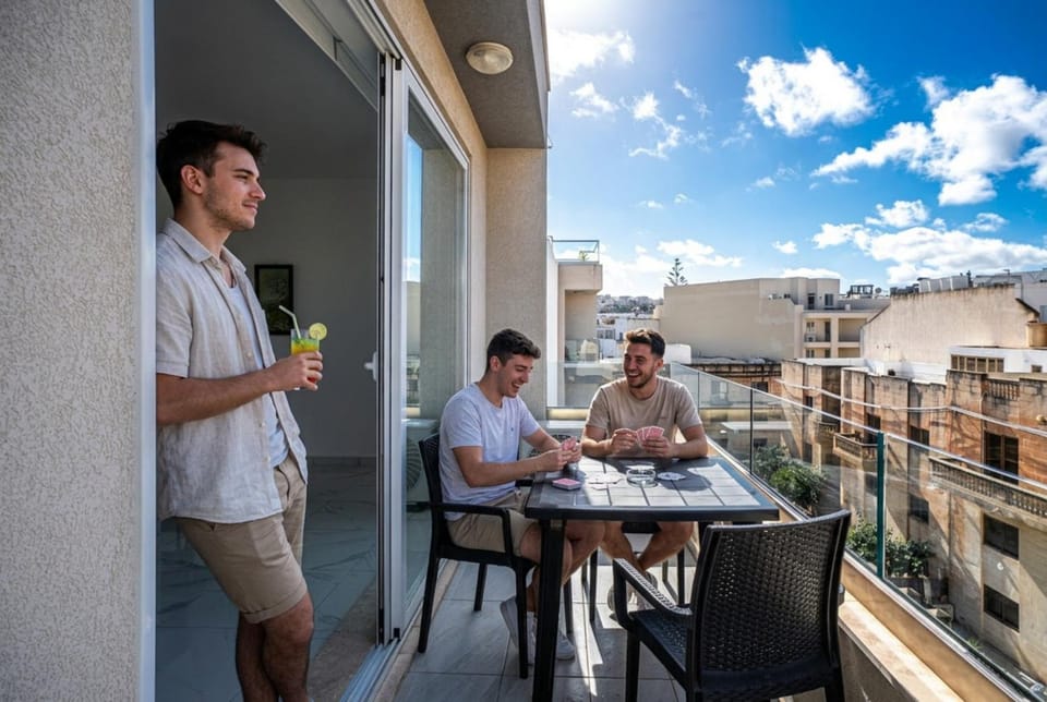 Property building, Day, People, View (from property/room), Balcony/Terrace, Food and drinks, Dining area, Food, Drinks, group of guests