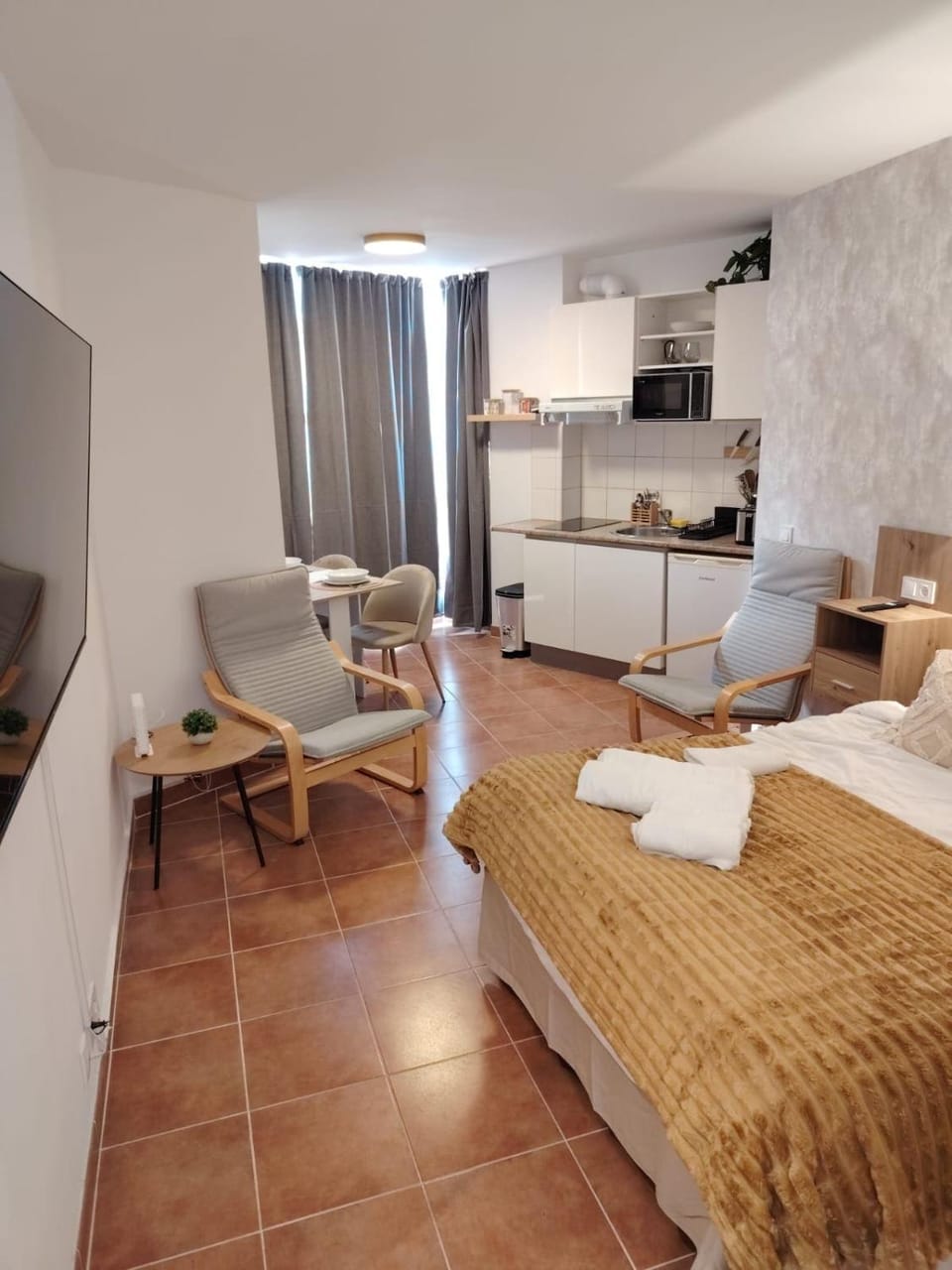 Bed, TV and multimedia, Kitchen or kitchenette, Photo of the whole room, Bedroom, towels