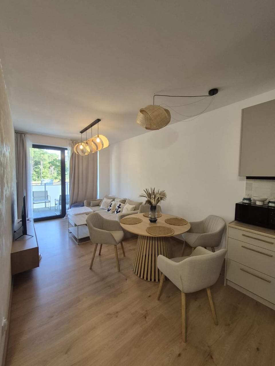 Kitchen or kitchenette, Living room, Seating area, Dining area