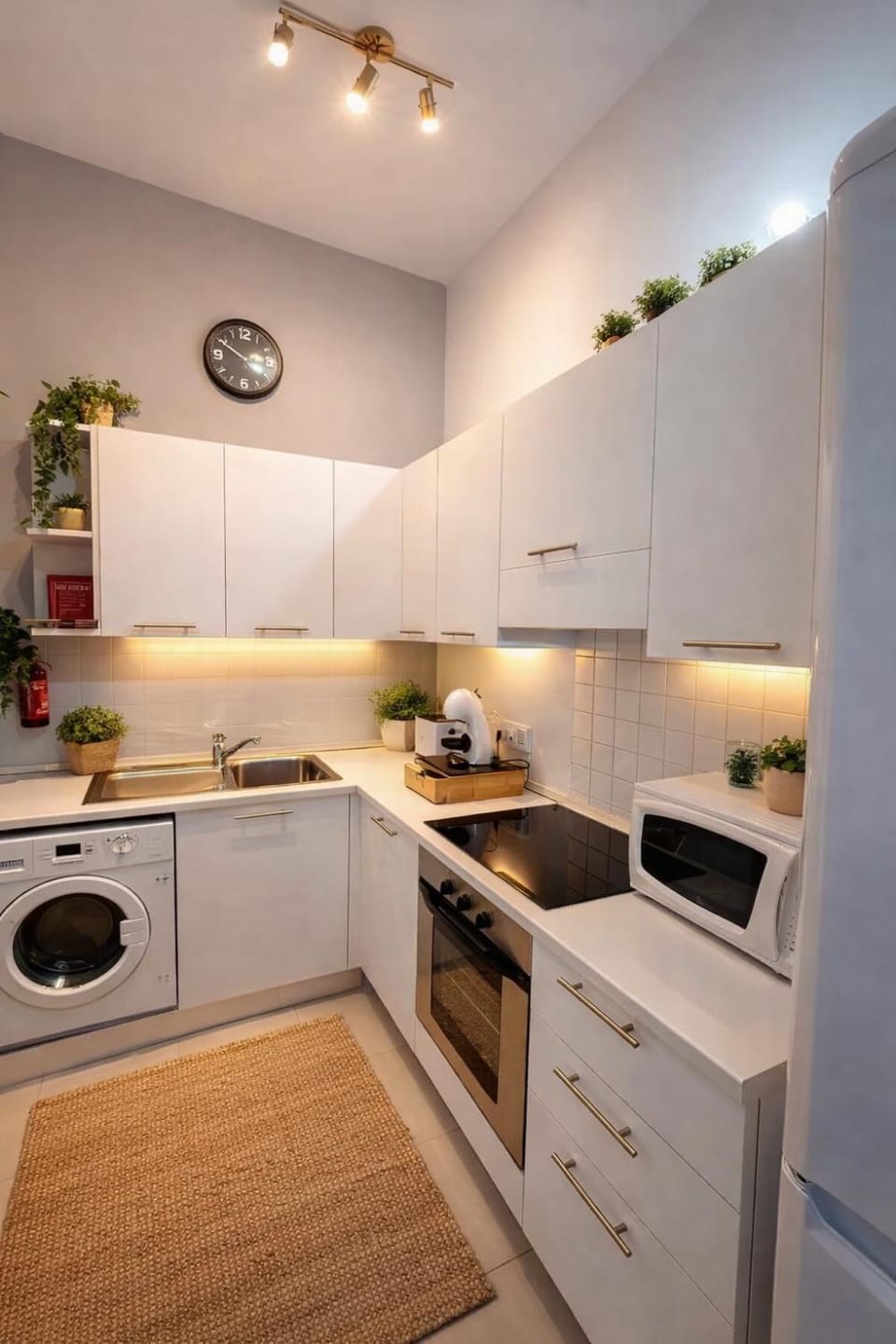 Kitchen or kitchenette, dishwasher, minibar, oven, stove, toaster, washing machine, dryer