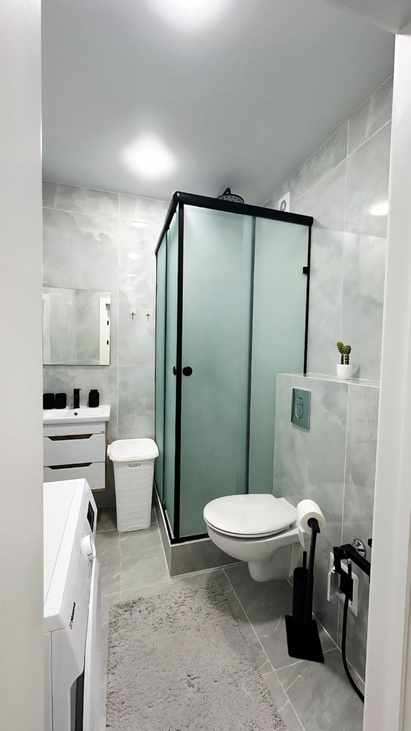 Shower, Toilet, towels, washing machine