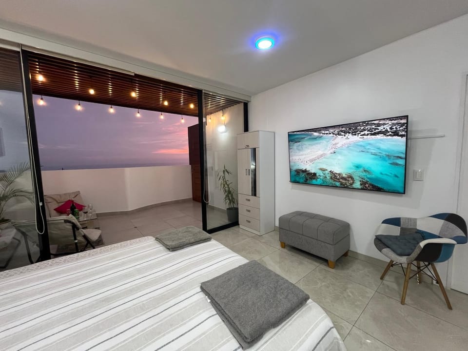 Bed, TV and multimedia, furniture, towels, wardrobe