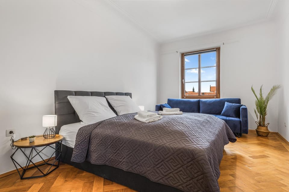 Bed, Bedroom, City view, wardrobe