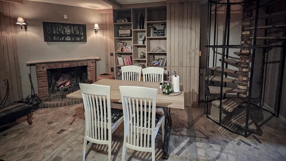 Library, Living room, Dining area, fireplace, elevator
