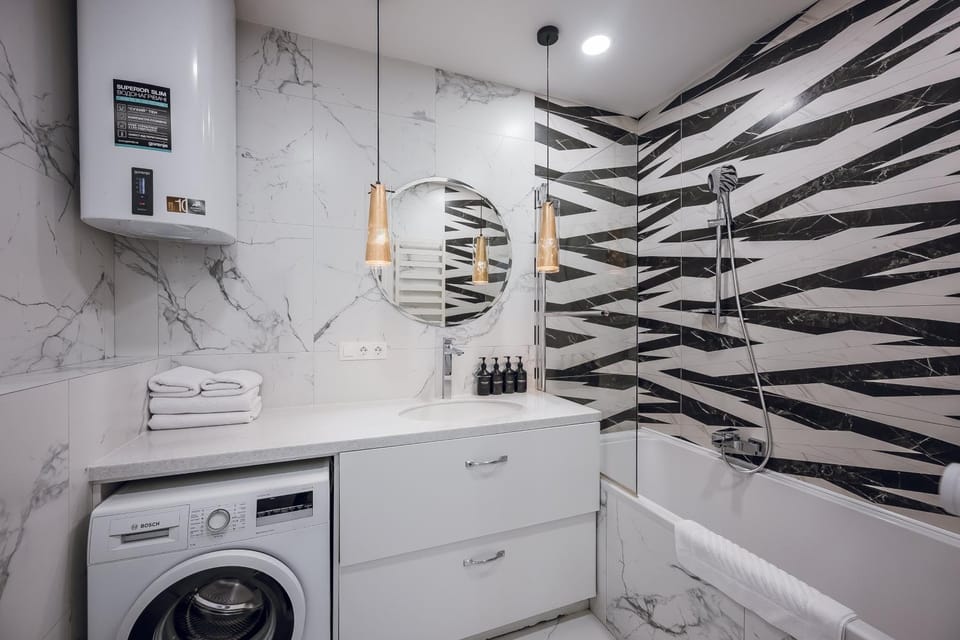 Shower, Bath, towels, washing machine, dryer