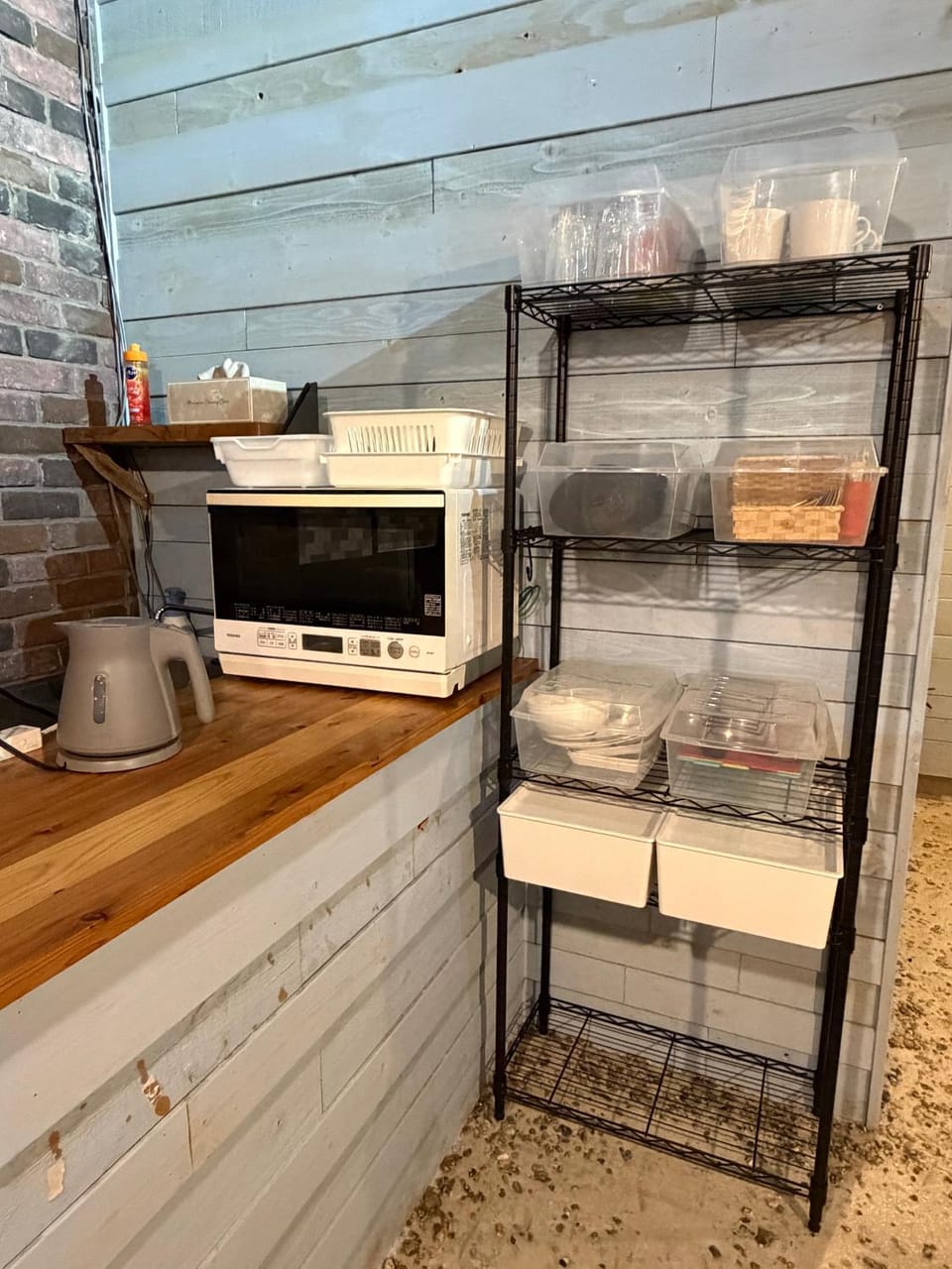 Kitchen or kitchenette, microwave