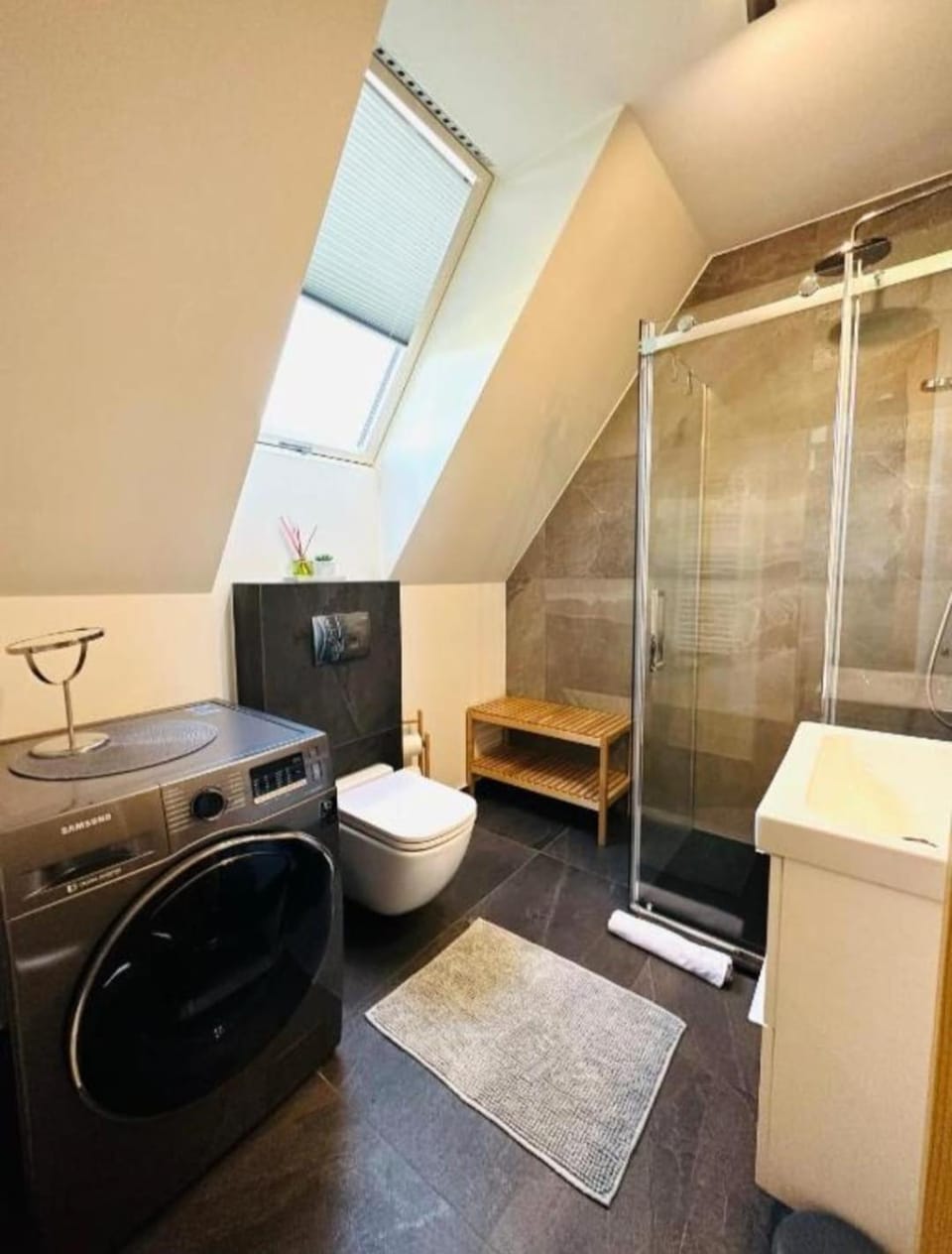 Shower, Toilet, Bathroom, hair dryier, washing machine