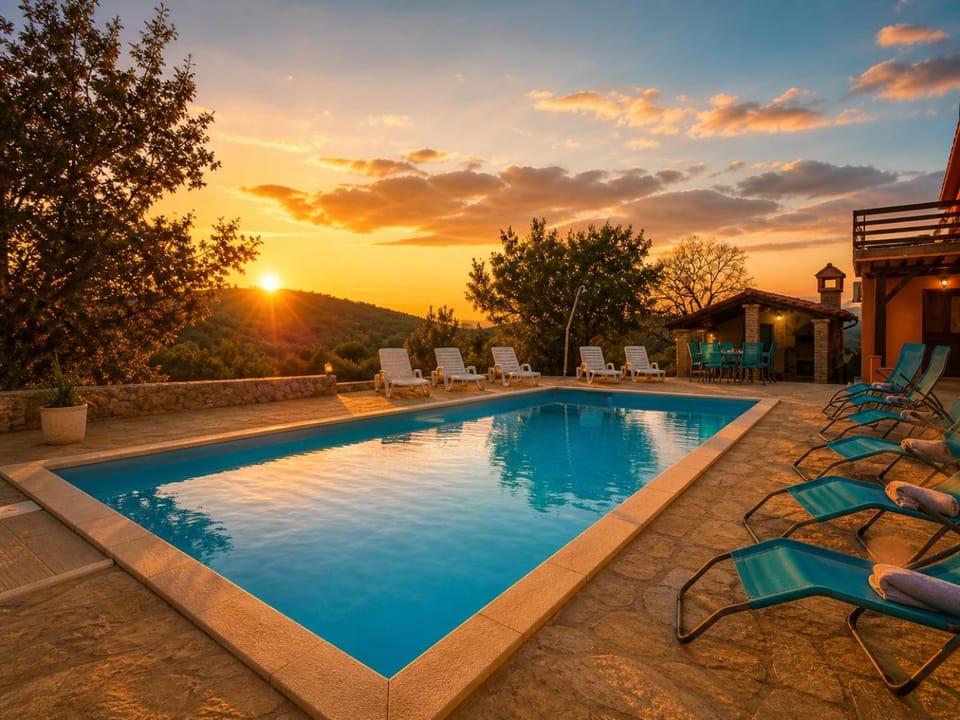 Natural landscape, Pool view, Swimming pool, Sunset, sunbed