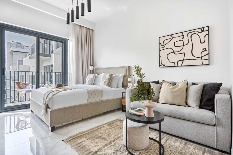 Bed, Living room, Seating area