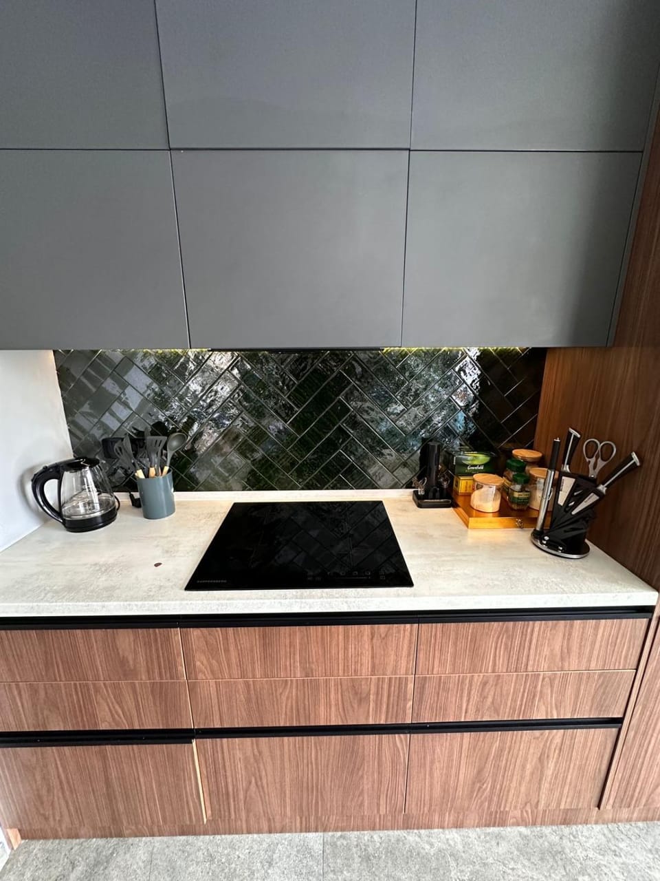 Kitchen or kitchenette, stove