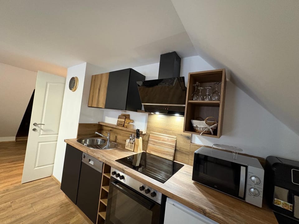 Kitchen or kitchenette, dishwasher, oven, stove