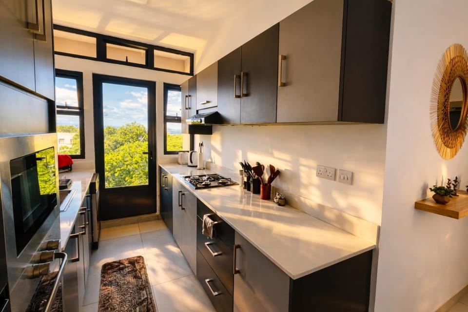 Kitchen or kitchenette, dishwasher, oven, stove