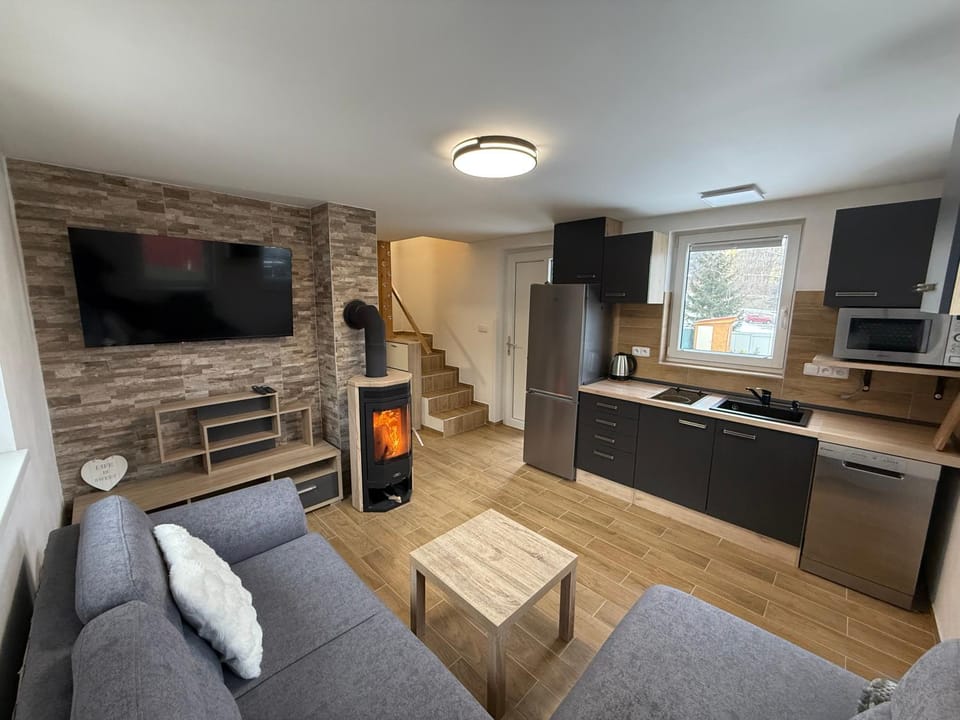 Living room, fireplace, kitchen