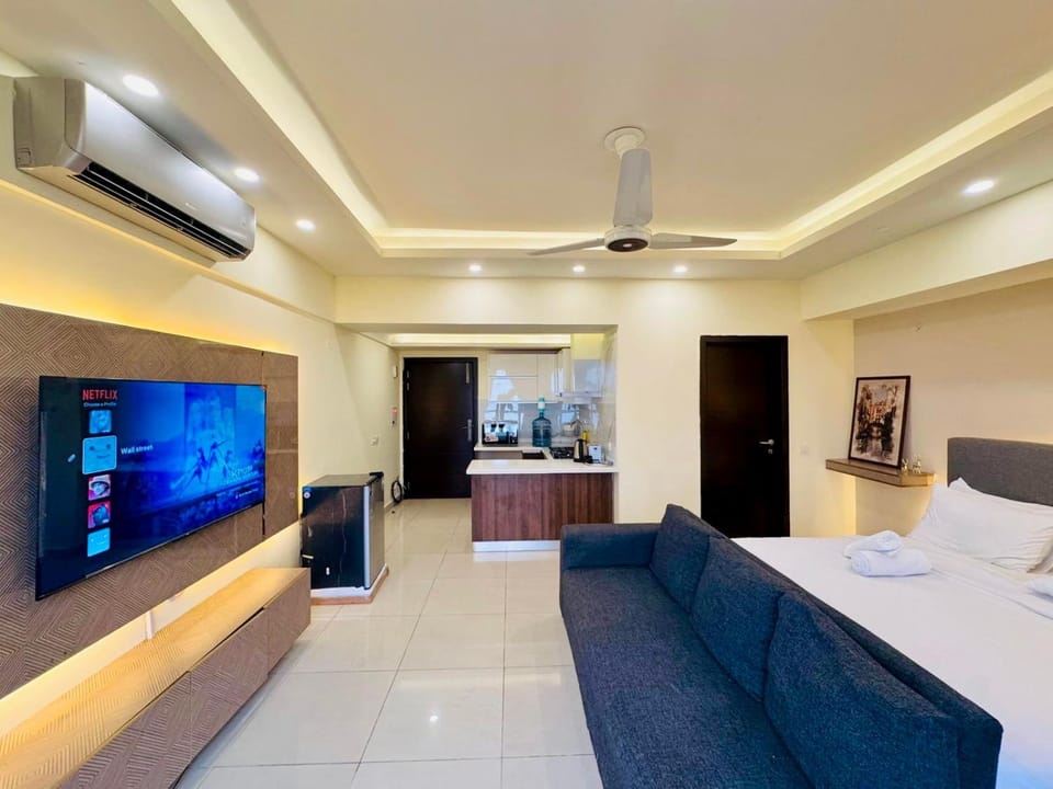 Bed, TV and multimedia, Living room, Photo of the whole room, Seating area, Evening entertainment, Bedroom, air conditioner