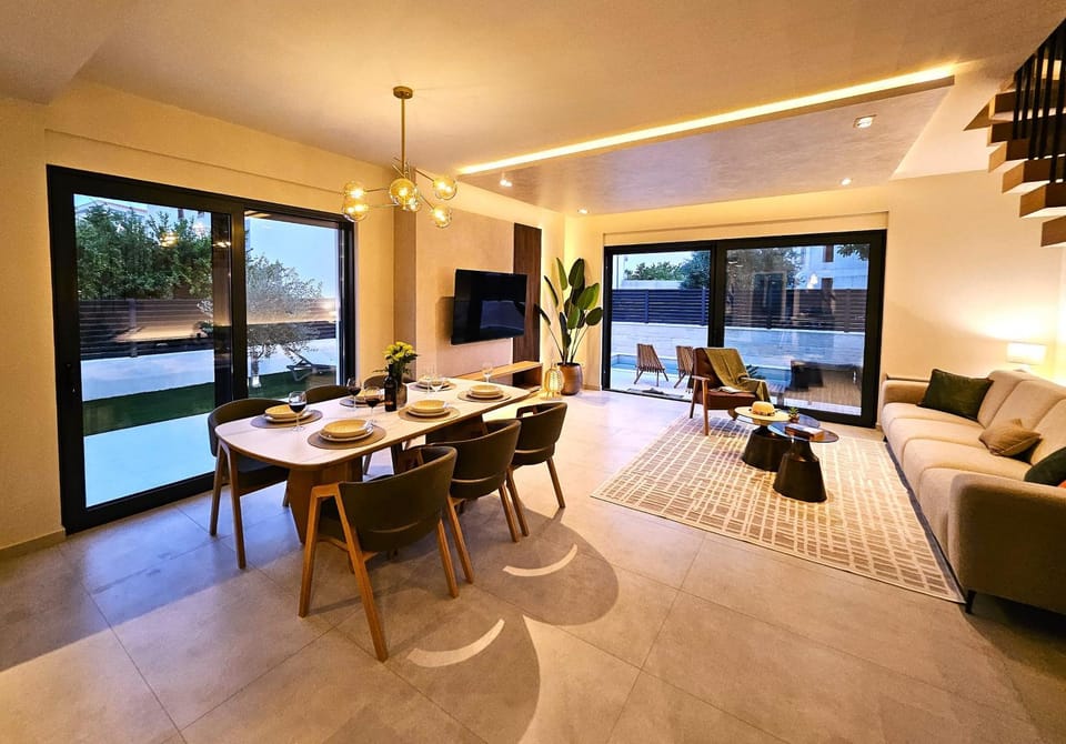 Living room, Seating area, Dining area, Pool view