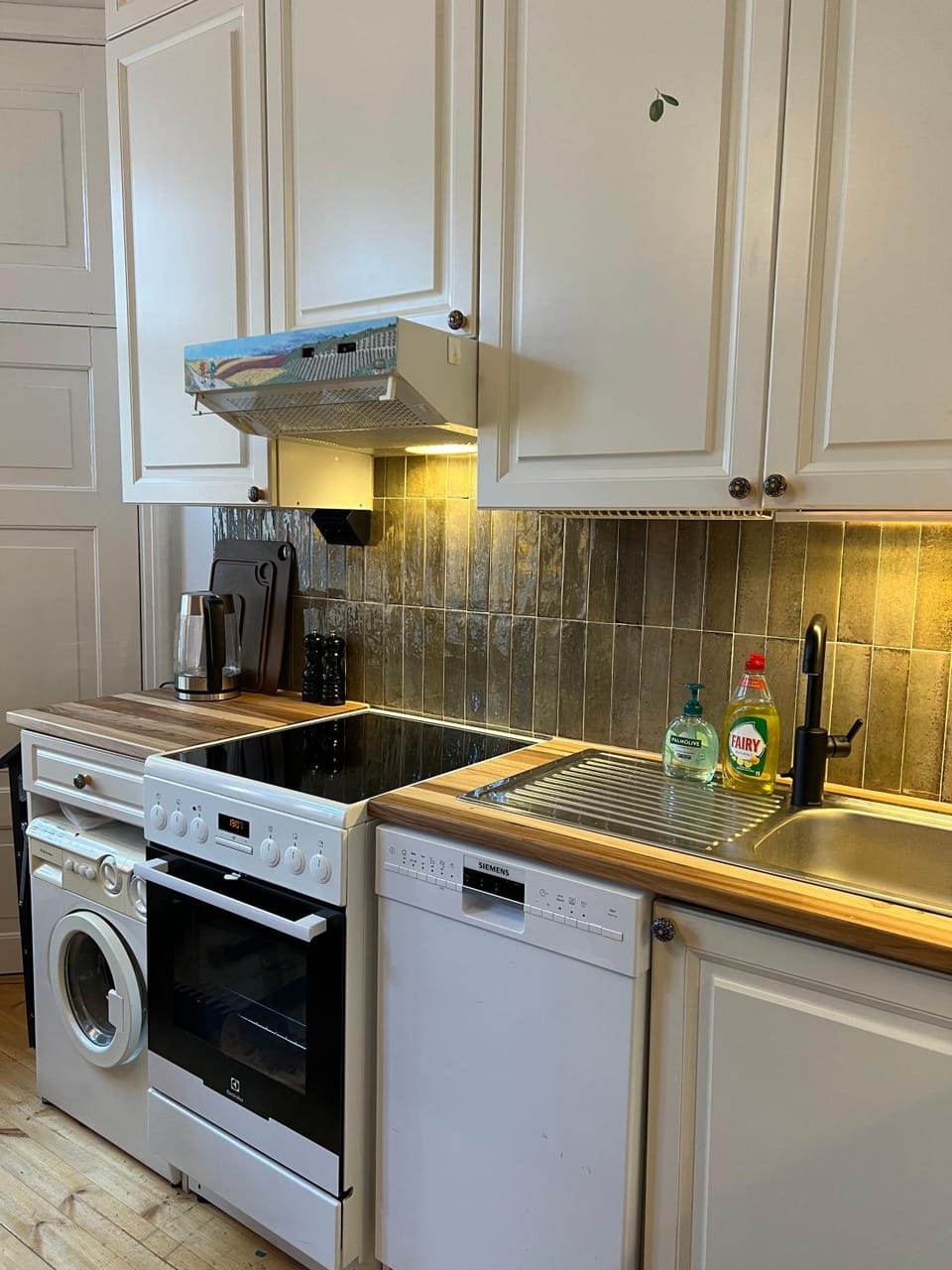 Kitchen or kitchenette, oven, stove, washing machine